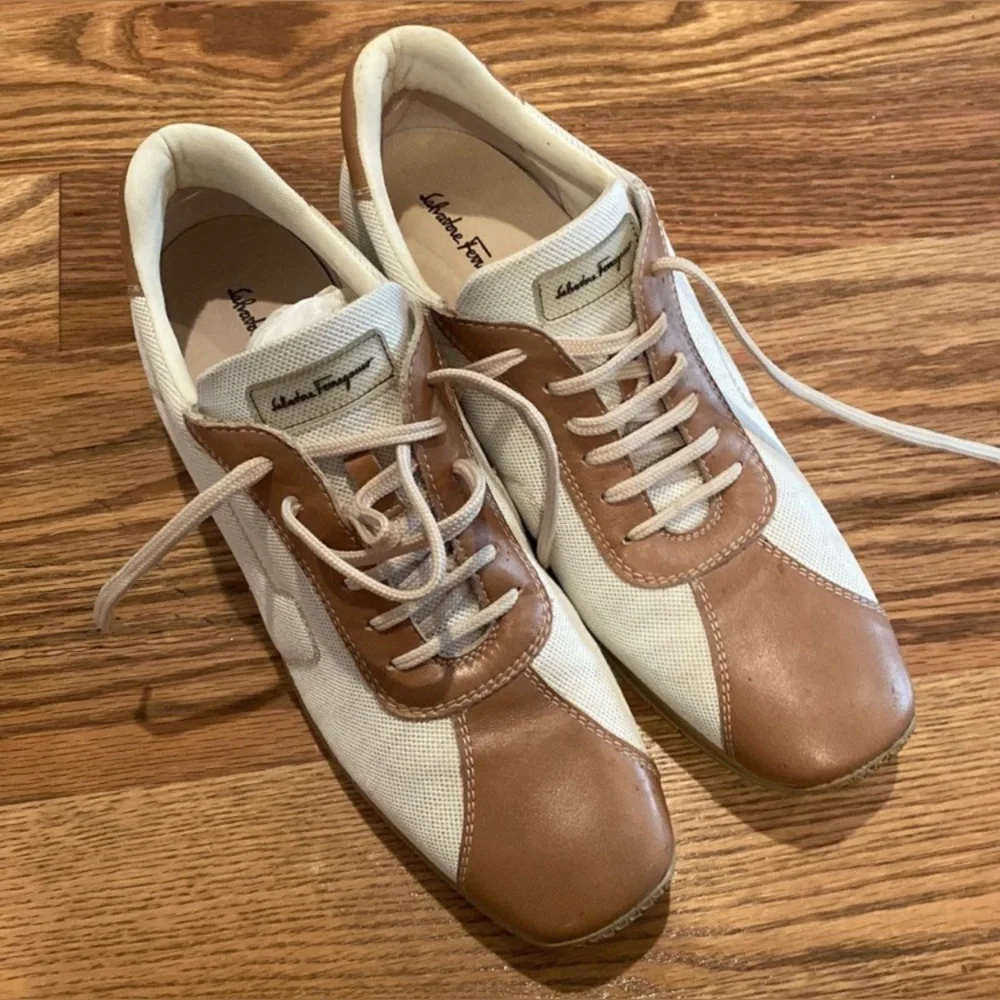 Salvatore Ferragamo Brown Leather Canvas Sneakers with Classic Design